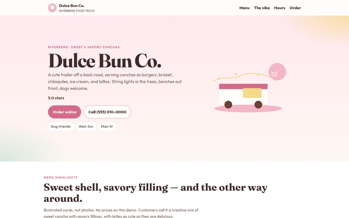 Homepage of the Dulce Bun Co. demo: a pastel food truck homepage for concha sandwiches with an order button.
